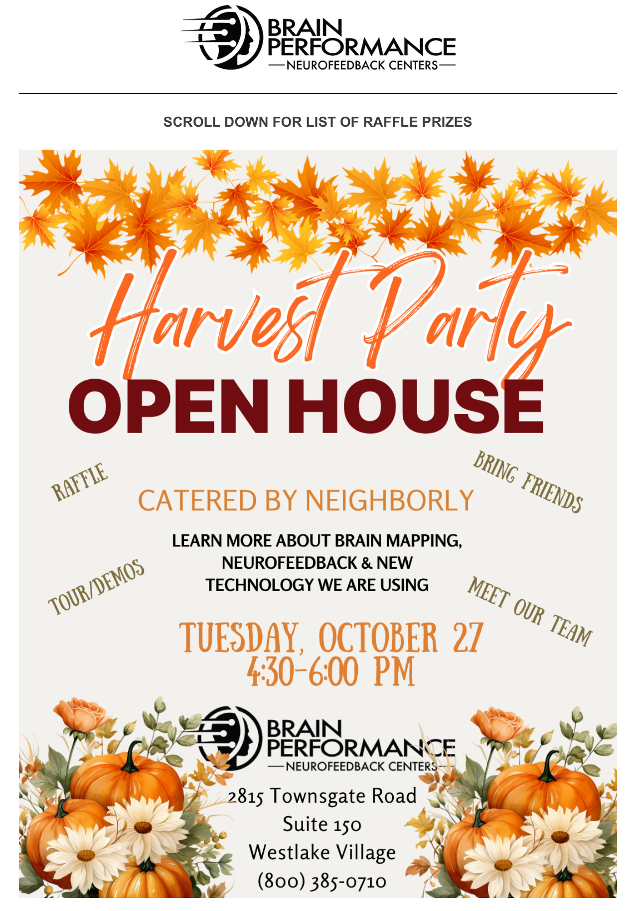 Harvest Party Open House invitation: Tuesday, October 27, 4:30–6:00 PM at Brain Performance Center