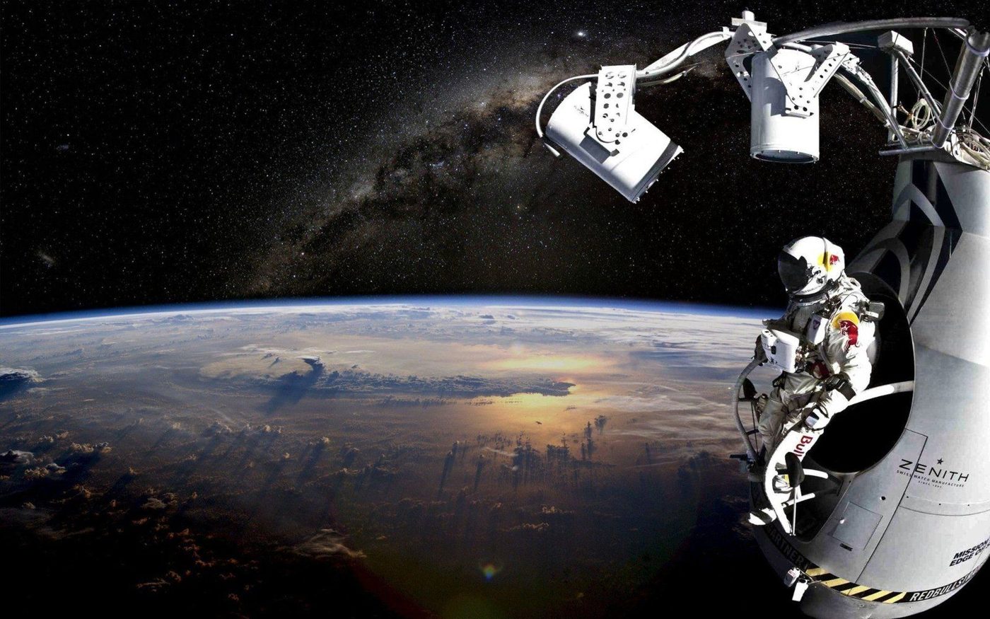 Felix Baumgartner standing at the capsule above Earth